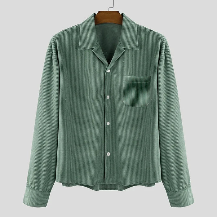 Men's Corduroy Cropped Long Sleeve Shirt Casual Loose Fit