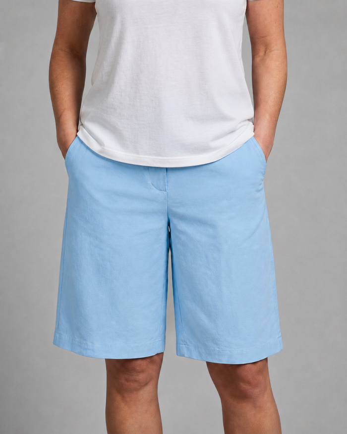 Women's mid-rise wide-leg knee-length shorts shown from the front