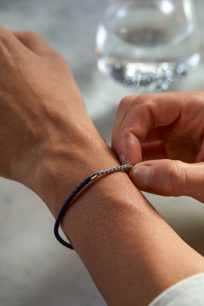 Men's Navy Blue Leather and Chain Hook Bracelet