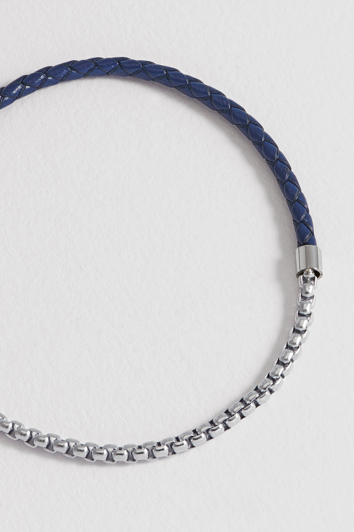 Men's Navy Blue Leather and Chain Hook Bracelet