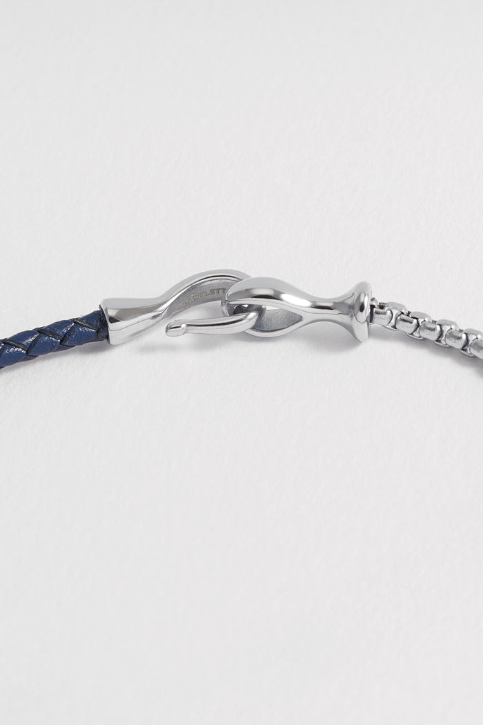Men's Navy Blue Leather and Chain Hook Bracelet