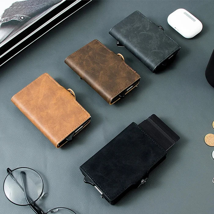Men’s RFID Blocking Pop-Up Card Wallet – Vintage Leather Slim Money Clip Holder
