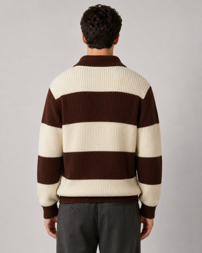 Men's Ribbed Knitted Striped Polo Sweater Chocolate Brown
