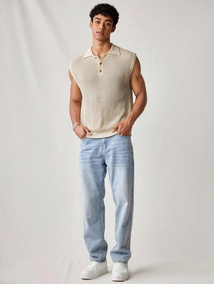 Men's Sleeveless Knit Polo Shirt Pointelle Hollow Out Black