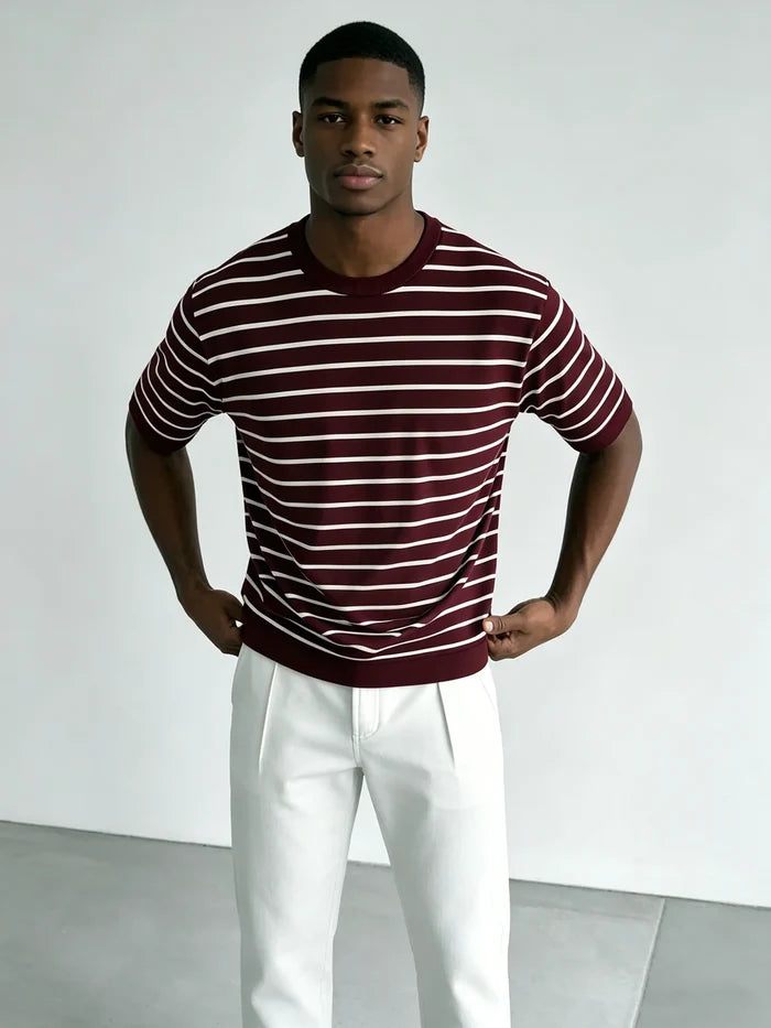 Men's Striped Knit Crew Neck T-Shirt Claret