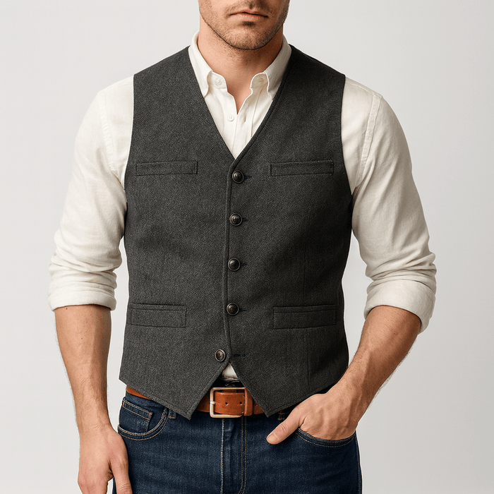 Front view of a men's tweed-style vest with button closure