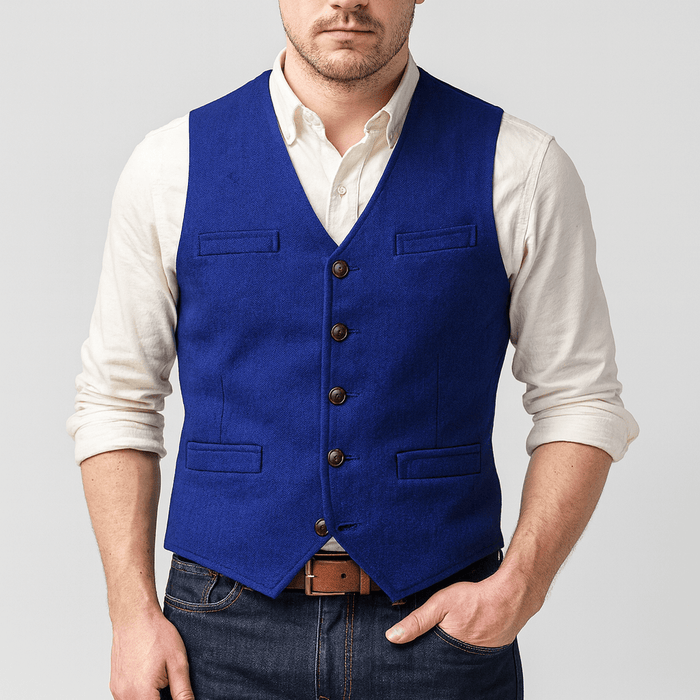 Side view showing the tailored fit of a men's button vest
