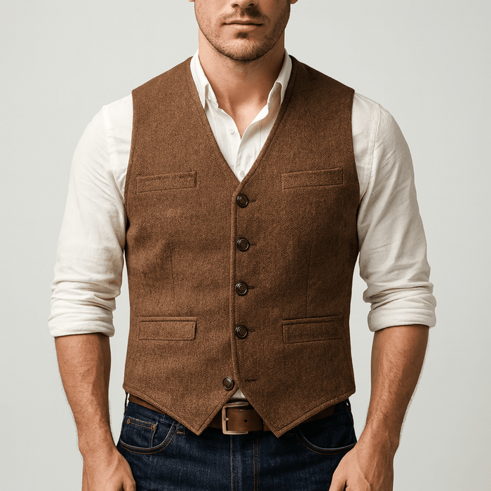 Back view of a classic men's tweed-style button vest