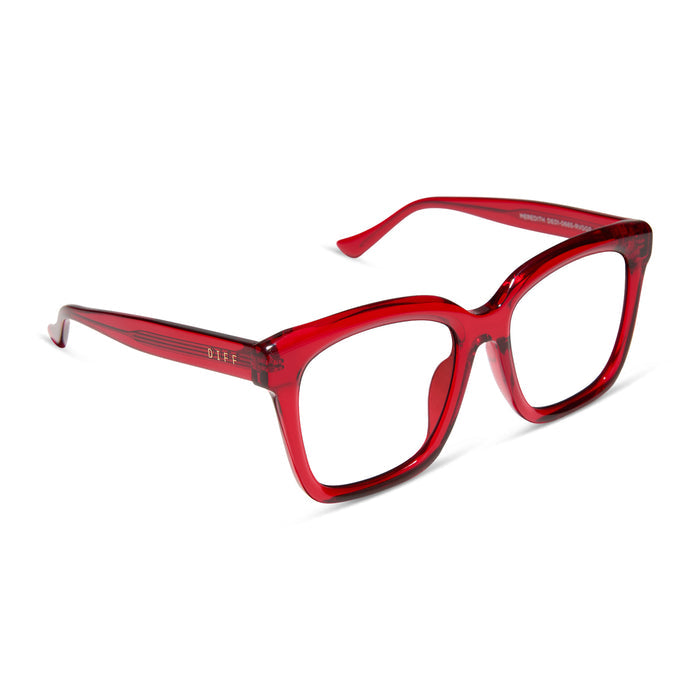 diff eyewear featuring the meredith square prescription glasses with a red hot summer frame angled view