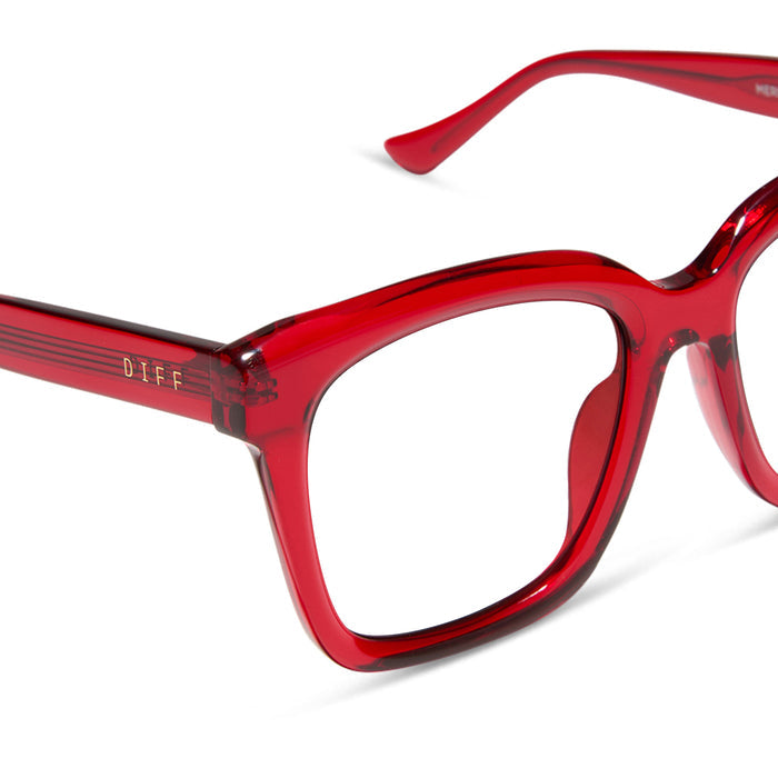 diff eyewear featuring the meredith square prescription glasses with a red hot summer frame detailed view