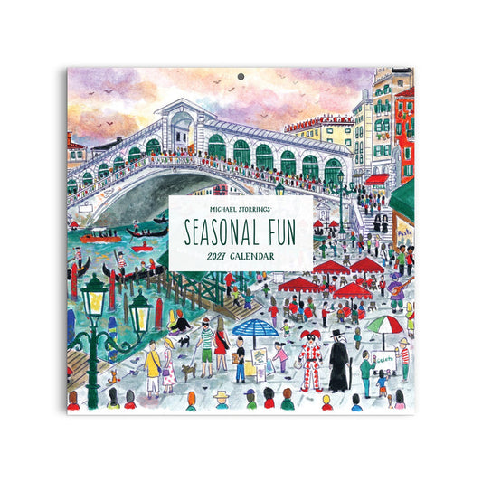 The Michael Storrings 12 x 12 Wall Calendar 2027 by Michael Storrings features a colorful cover with a lively crowd, street performers, umbrellas, and the Rialto Bridge set among vibrant buildings by a canal.