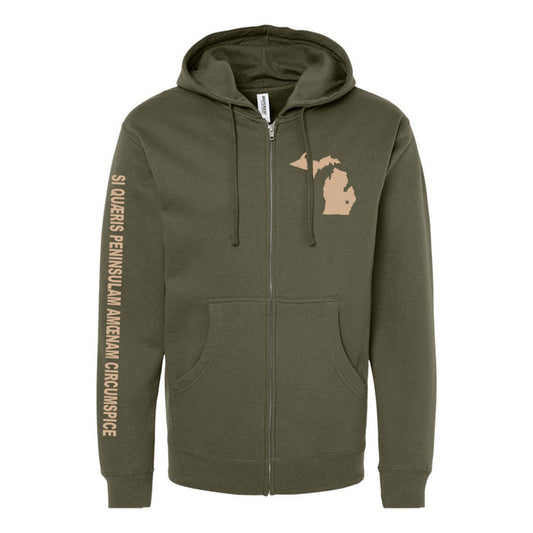 An army green zip-up hoodie has a cream colored image of Michigan on the top left-hand side with the words "si quaeris peninsulam amoenam circumspice" on the right sleeve.