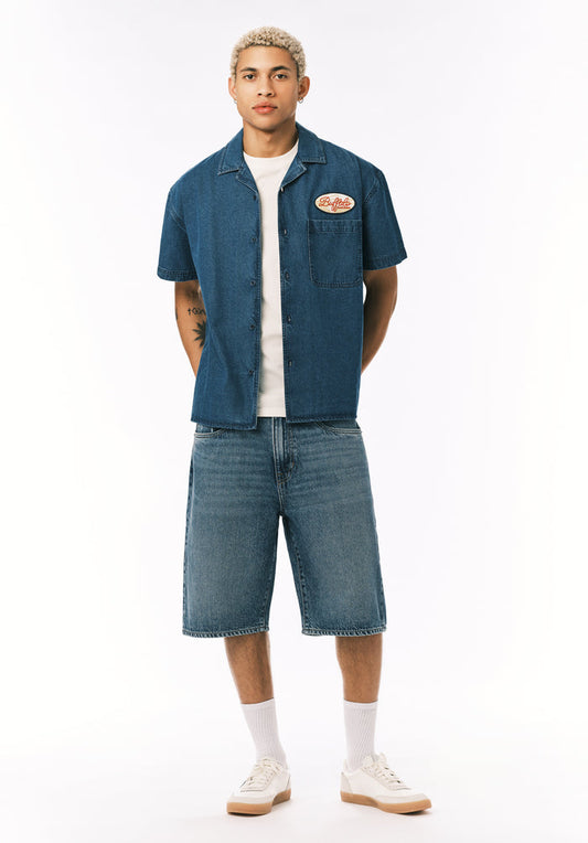 Buffalo Men Shorts Navy Denim Denim Shorts Rigid Longer Length