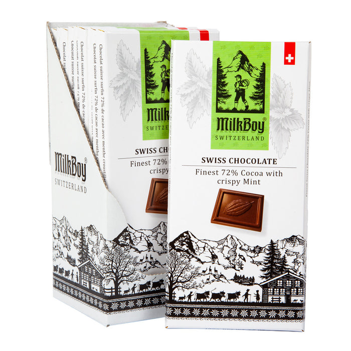 Milkboy Swiss Dark Chocolate 72% Crispy Mint Candy Bar - 10 Count
