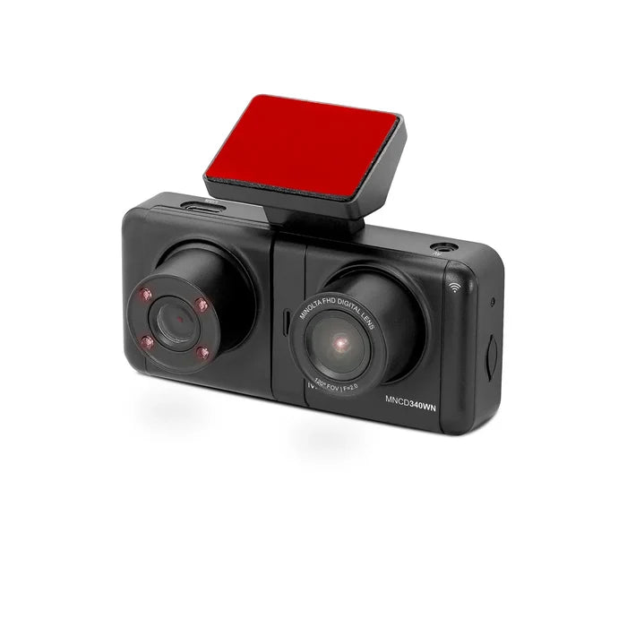 Dual-camera device with a red flash on a white background