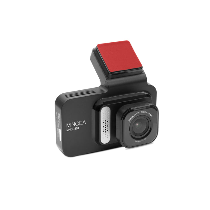 Black and red Minolta camera on a white background