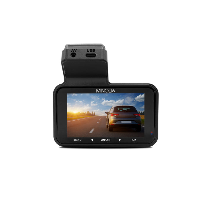 Car dashboard camera with screen displaying a road scene on a white background