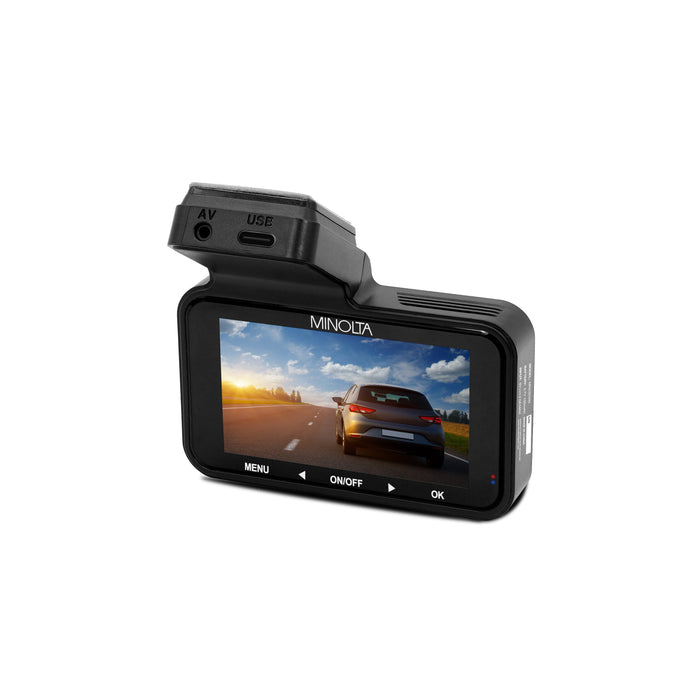 Minolta dashboard camera with screen displaying a car on a road.