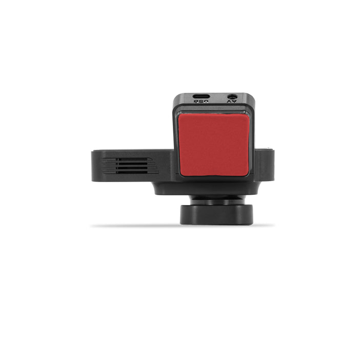 Camera lens with red cover on a white background