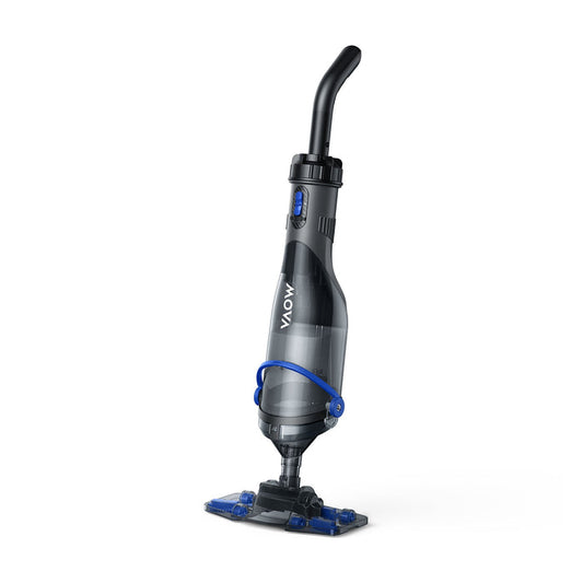 A Vaow cordless stick vacuum cleaner with a transparent dust bin, black handle, and blue accents, shown on a solid white background.