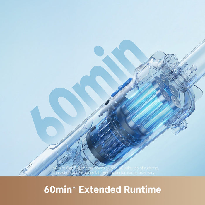 Clear cylindrical product with blue interior on a light blue background, featuring '60min Extended Runtime' text.