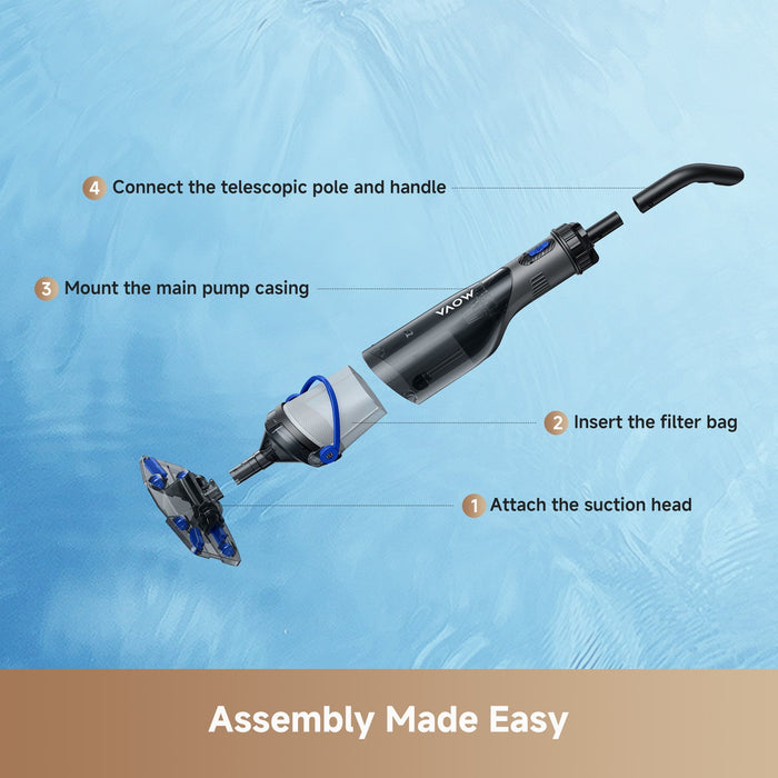 Step-by-step assembly of a vacuum cleaner on a blue background with 'Assembly Made Easy' text.