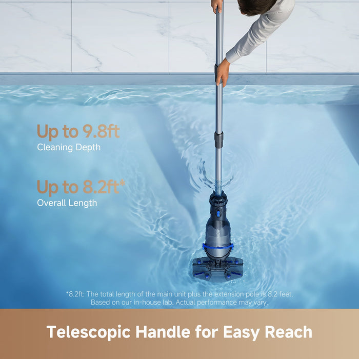 Pool cleaning tool with telescopic handle being used in a pool, showing cleaning depth and length.