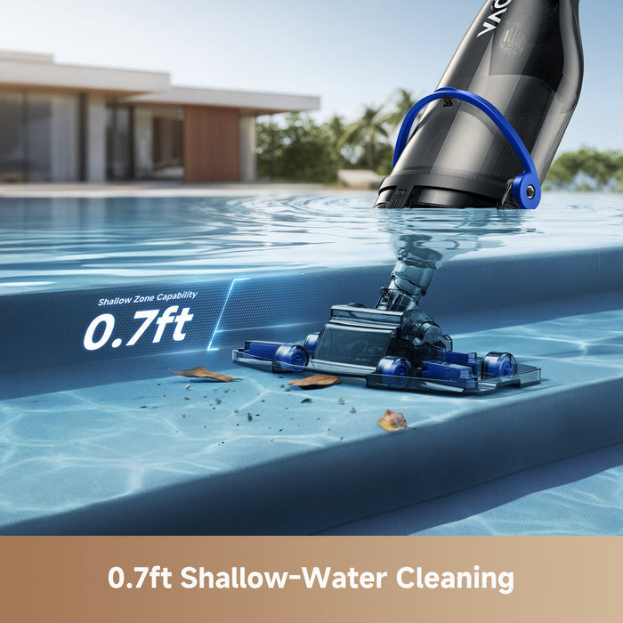 Pool cleaning robot in action with a house and pool in the background