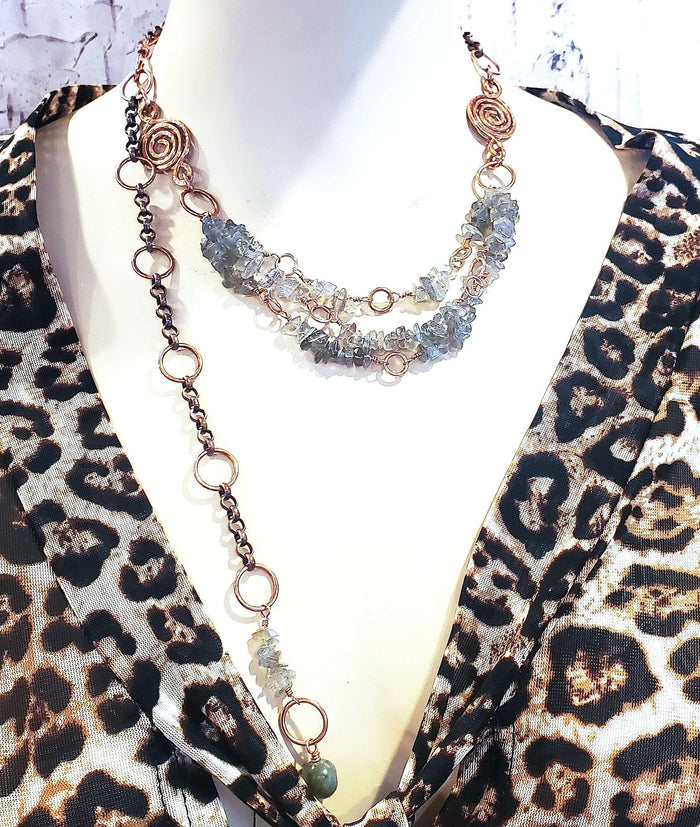 Multi Strand Labradorite Chip Copper Swirls Necklace