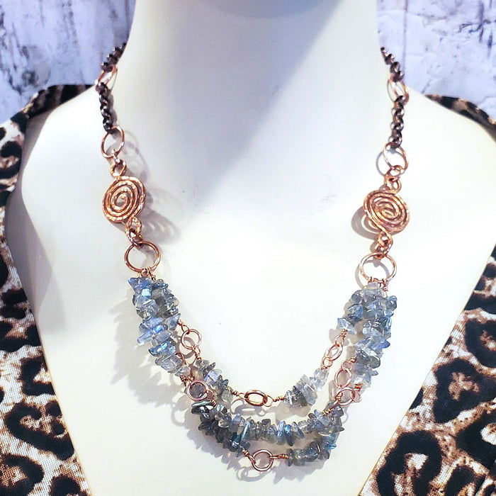 Multi Strand Labradorite Chip Copper Swirls Necklace
