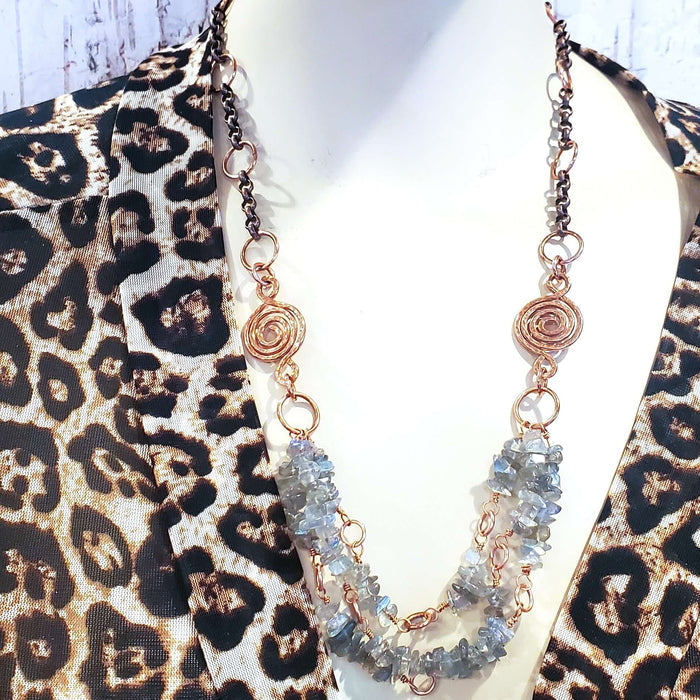 Multi Strand Labradorite Chip Copper Swirls Necklace