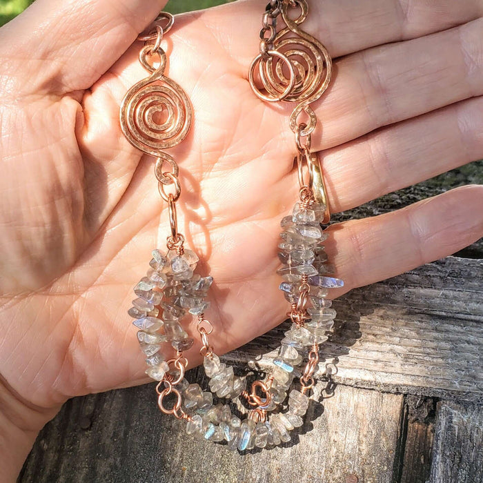 Multi Strand Labradorite Chip Copper Swirls Necklace