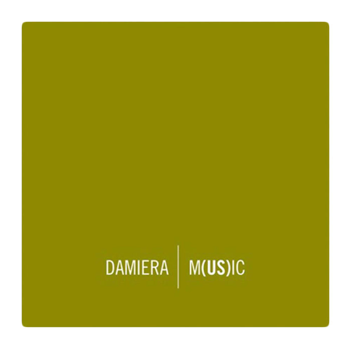 A square album cover with an olive green background. White text at the bottom reads DAMIERA | M(US)IC (with US in parentheses) in a modern font—ideal for fans of unique album design and transcendental music.