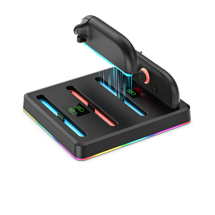 This is a charging dock with RGB lighting that can charge four Joy-Cons simultaneously.