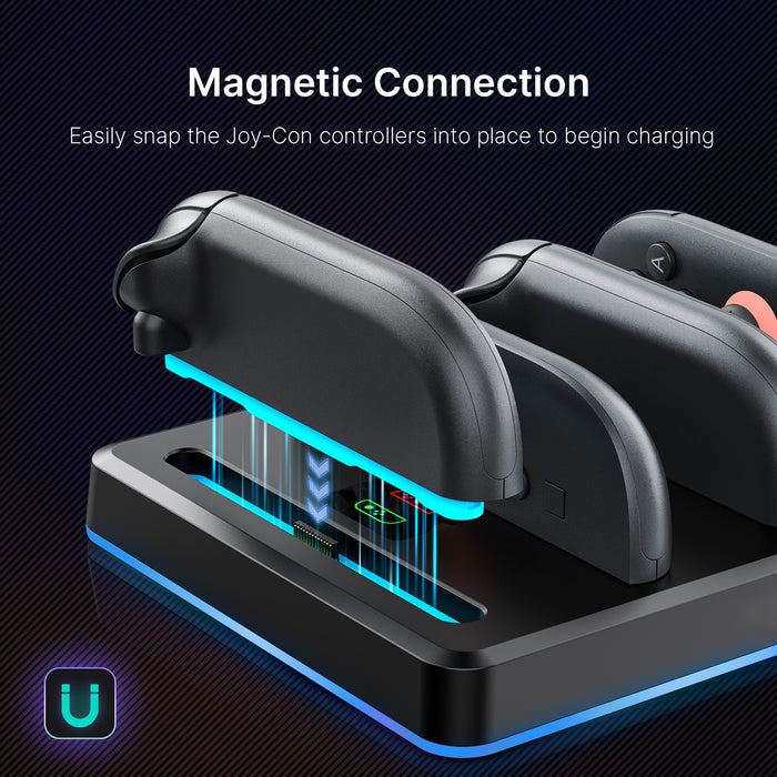 One Joy-Con is inserted into the charging dock via magnetic connection.