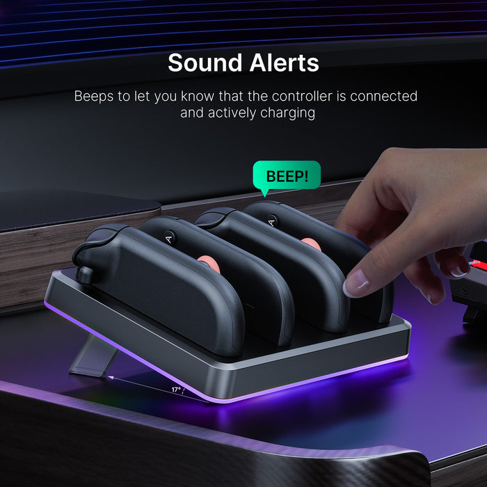 A hand places a Joy-Con onto the charging dock, triggering a perfect fit sound alert.