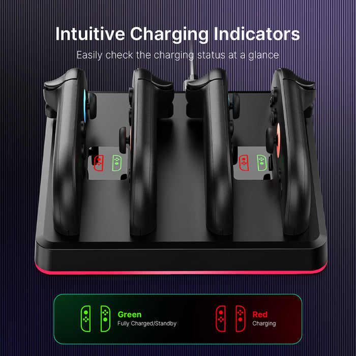 The charging dock’s indicator lights show green for standby/fully charged and red for charging.