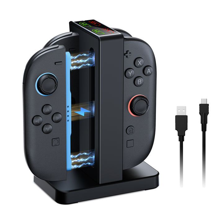 A charging dock with 4 Joy-Cons inserted is charging on the table.