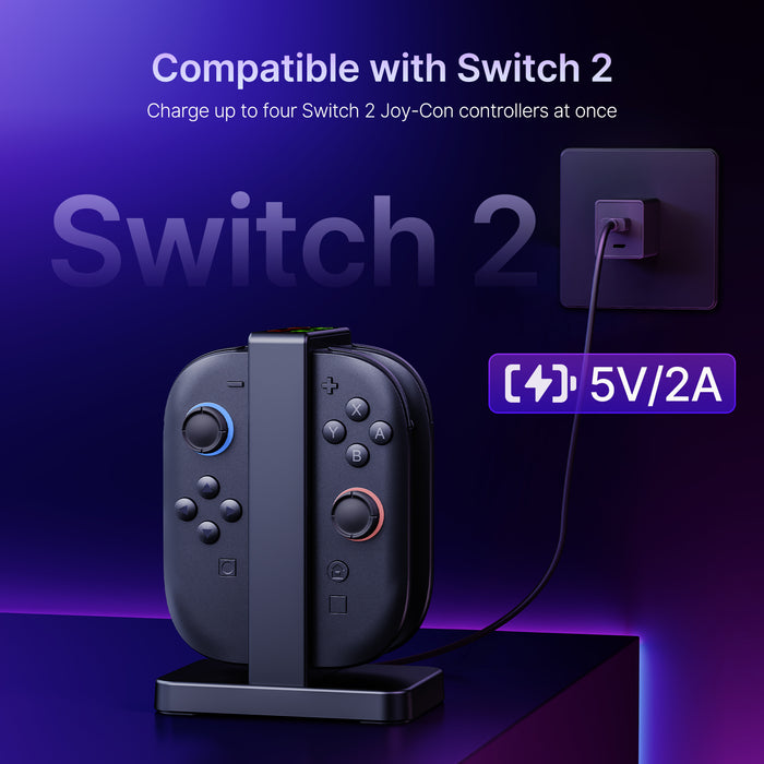 Two Joy-Cons are inserted into the charging dock via magnetic connection.