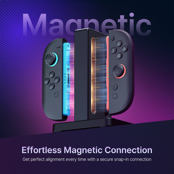 Two Joy-Cons are inserted into the charging dock via magnetic connection.