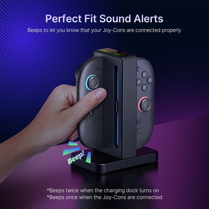 A hand places a Joy-Con onto the charging dock, triggering a perfect fit sound alert.