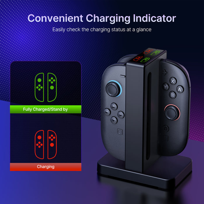 The charging dock’s indicator lights show green for standby/fully charged and red for charging.
