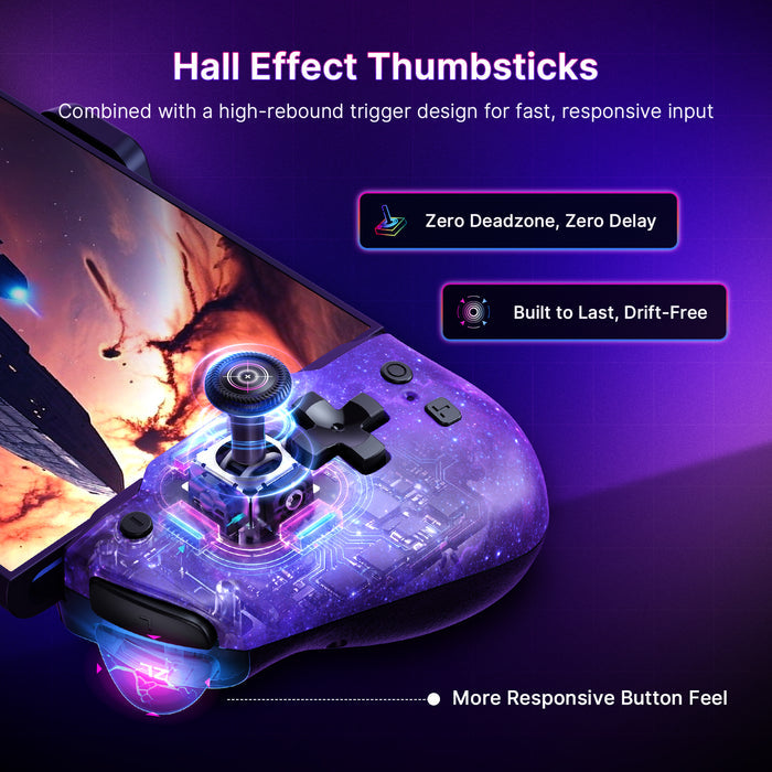 The joystick is shown in an exploded view, revealing the magnets inside the Hall-effect thumbstick.