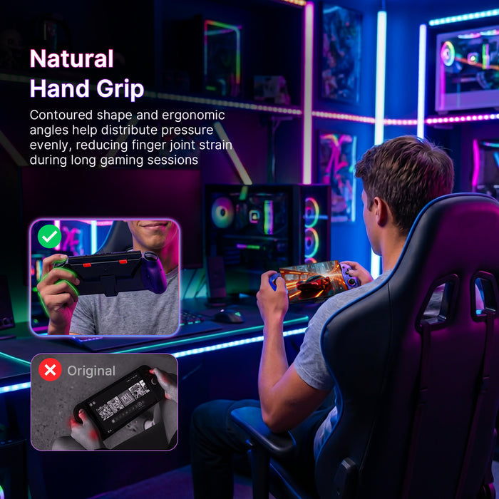 A person sitting on a chair playing Switch 2 games with the Gripcon.