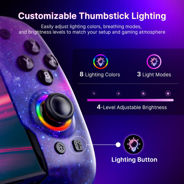 Customizable joystick lighting with 8 lighting options, 2 breathing modes, and adjustable brightness.