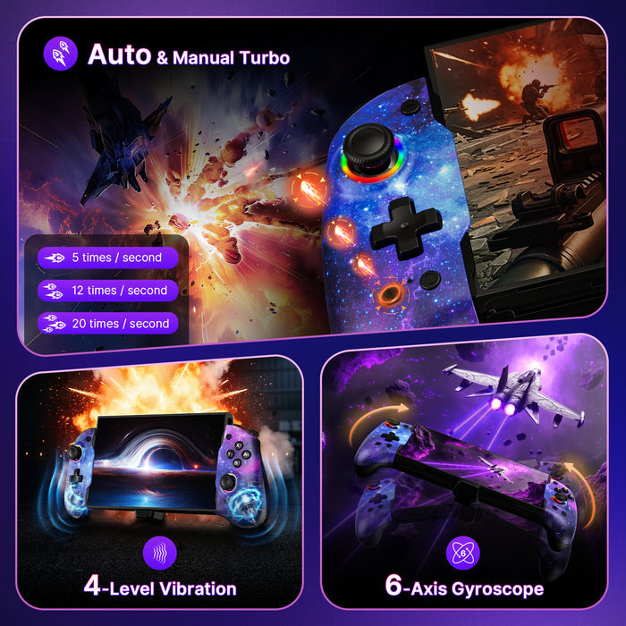 This is an image showcasing auto turbo, vibration, and six-axis motion control.