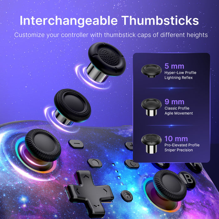 Hall Effect controller with different heights thumbstick caps.
