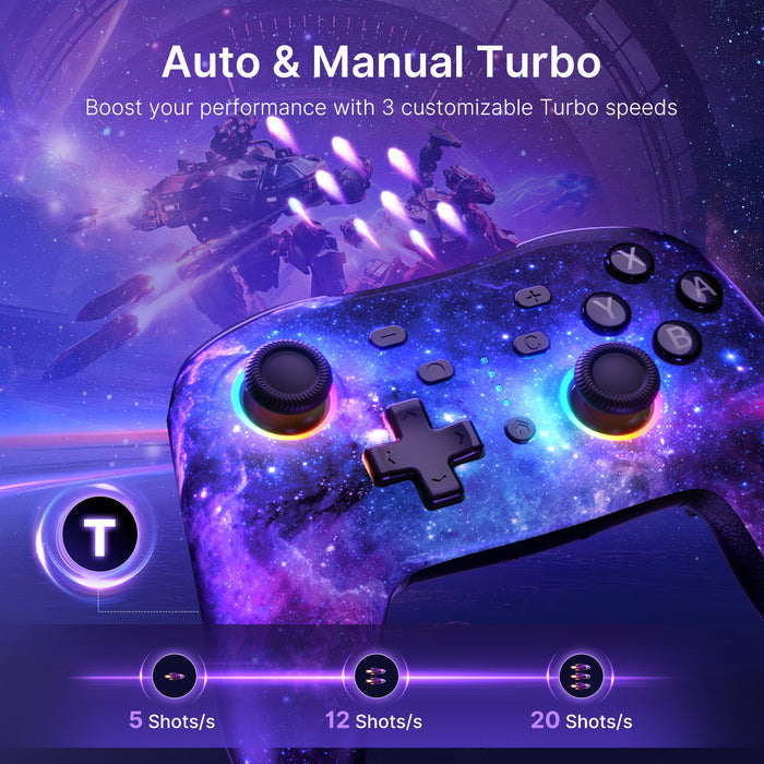 NexiGo wireless controller tilted with an FPS game background.