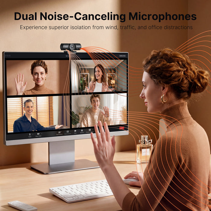 Visualizing audio: Two sound waves drifting from the N930W Lite webcam toward the subject.