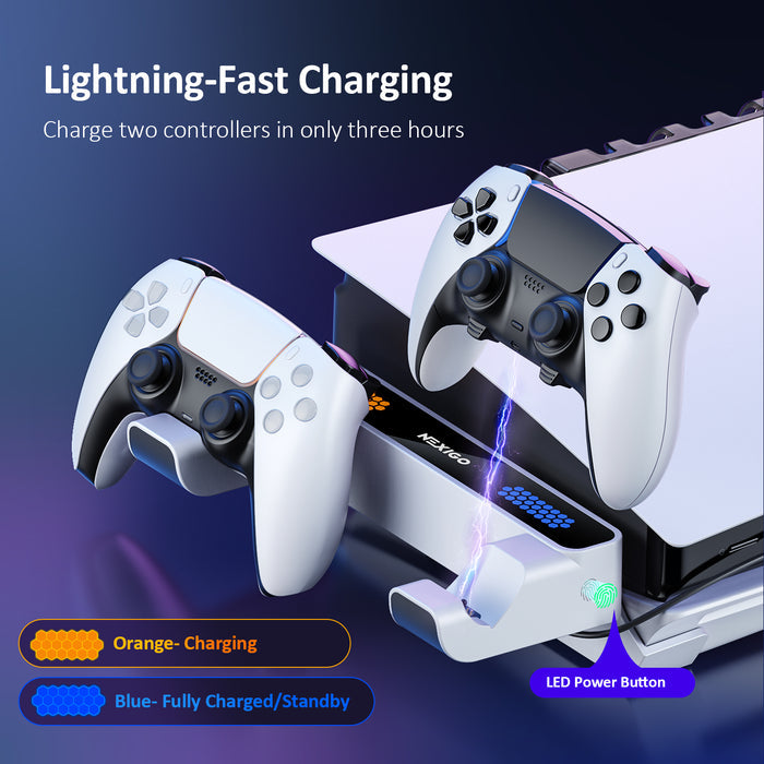 Scene of two DualSense Controllers charging on a charging dock